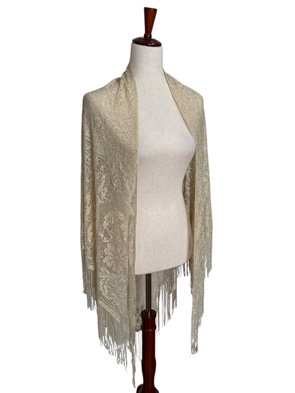 Bohemian Fringe Open-Front Knit Pashmina - Gold/Beige Floral pattern. Festival. - Picture 4 of 11